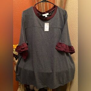 New-Suzanne Betro Burgundy and Gray Boho Tunic Top